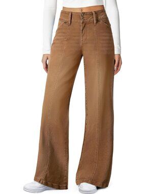 Women's Brown High Waisted Stretchy Jeans Seamed Front Double Buttons Wide Leg